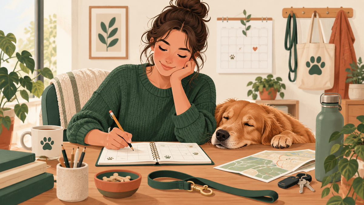 Illustration of a pet sitter planning visits and travel at a desk with a dog nearby.