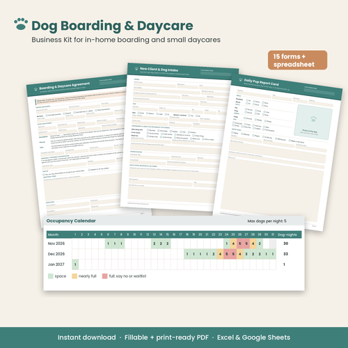 Dog Boarding & Daycare Business Kit: agreement, intake form, daily report card and occupancy calendar