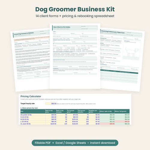Dog Groomer Business Kit: client intake, style card and consent forms with a pricing calculator spreadsheet