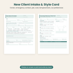 New client and pet intake form and grooming style card pages