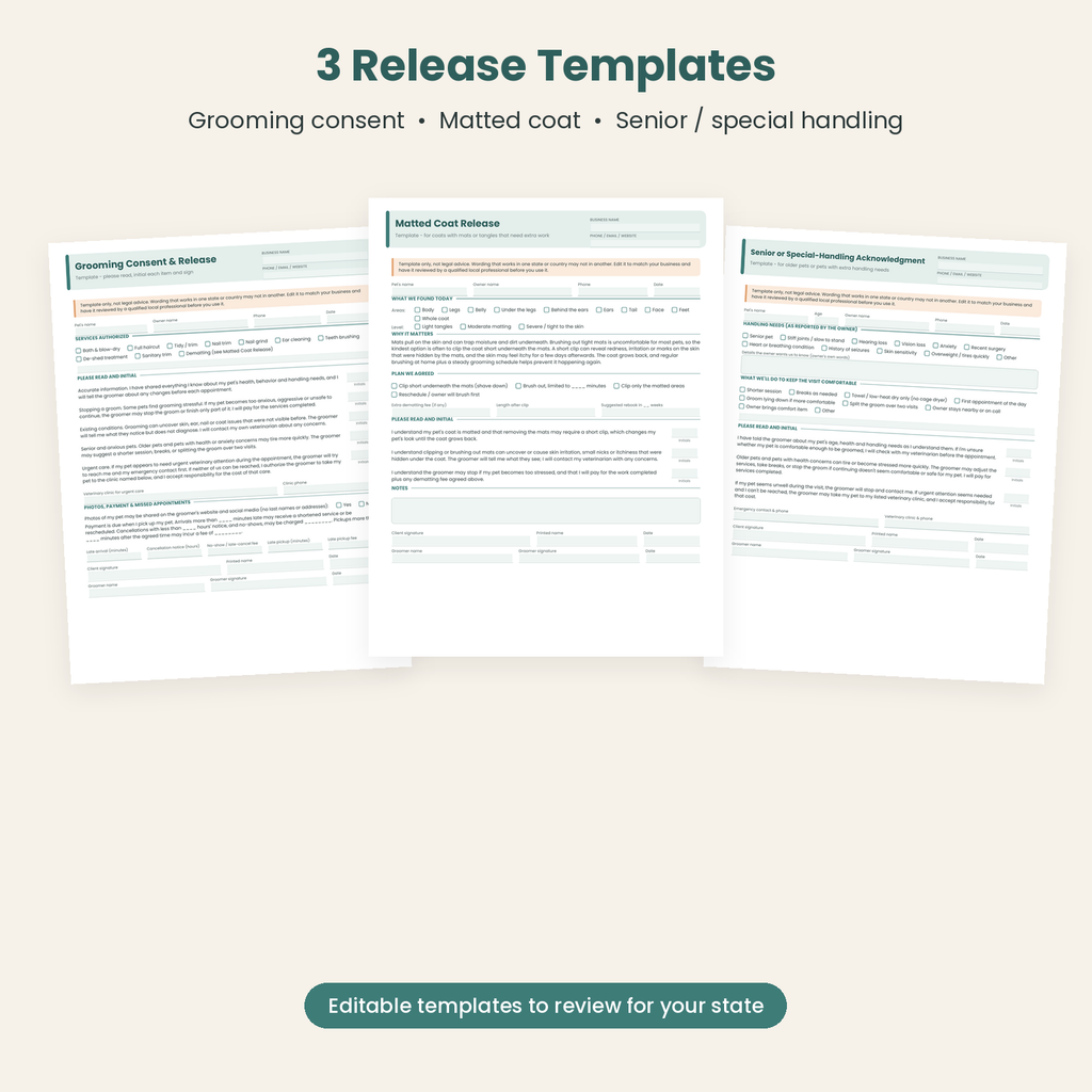 Grooming consent, matted coat and senior special-handling release templates