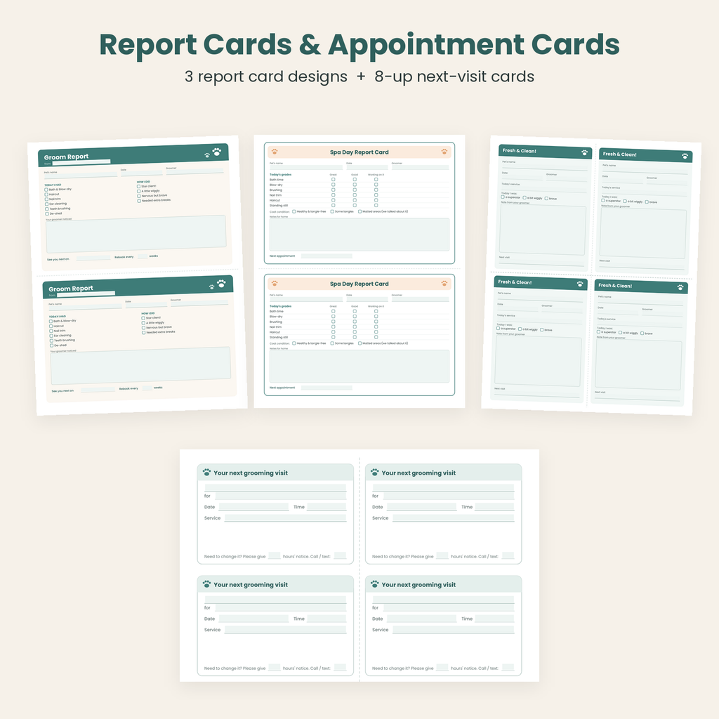 Pet grooming report cards in three designs and next-visit appointment cards