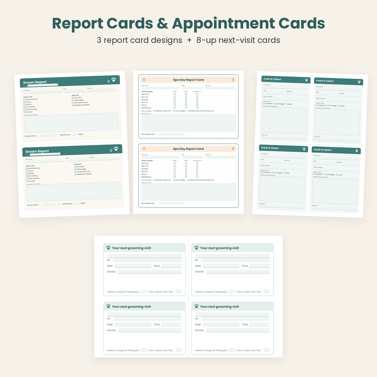 Pet grooming report cards in three designs and next-visit appointment cards