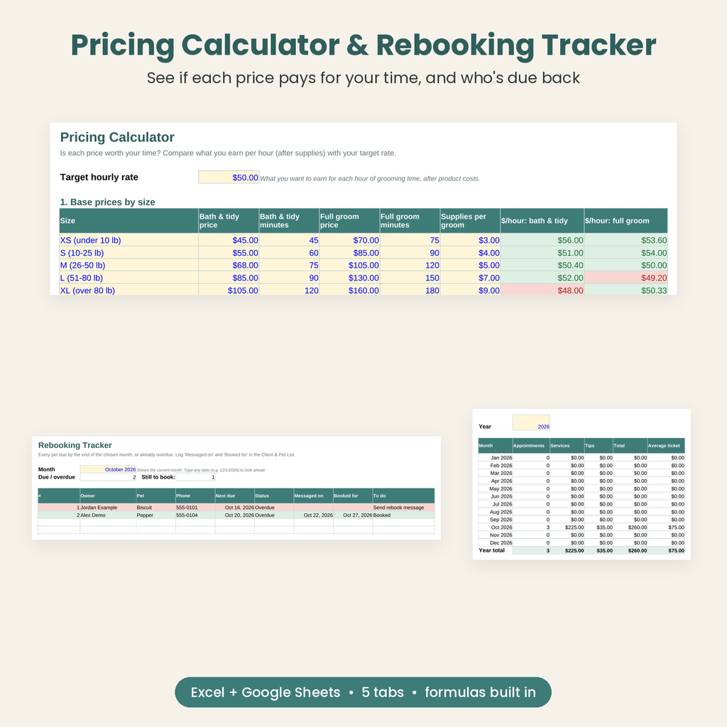Dog grooming pricing calculator, rebooking tracker and monthly income summary spreadsheet