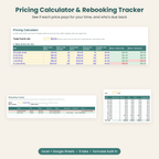 Dog grooming pricing calculator, rebooking tracker and monthly income summary spreadsheet