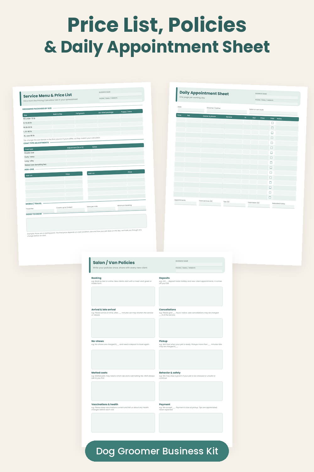Grooming service menu and price list, salon policies and daily appointment sheet