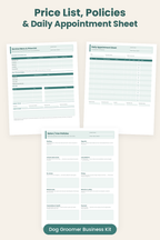 Grooming service menu and price list, salon policies and daily appointment sheet