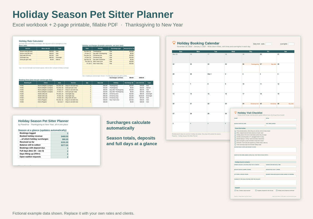 Holiday Season Pet Sitter Planner – Holiday Rates, Bookings & Waitlist Spreadsheet