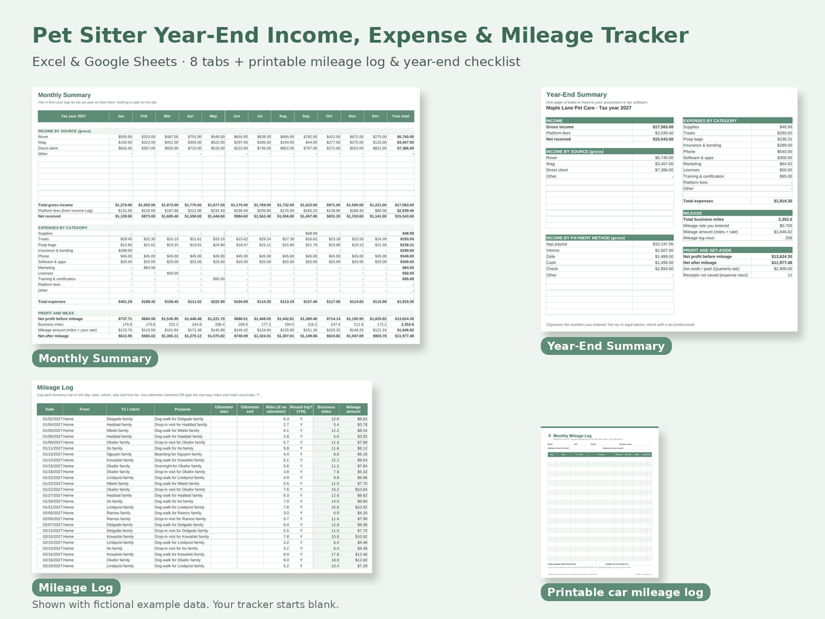 Pet Sitter Income, Expense & Mileage Tracker preview