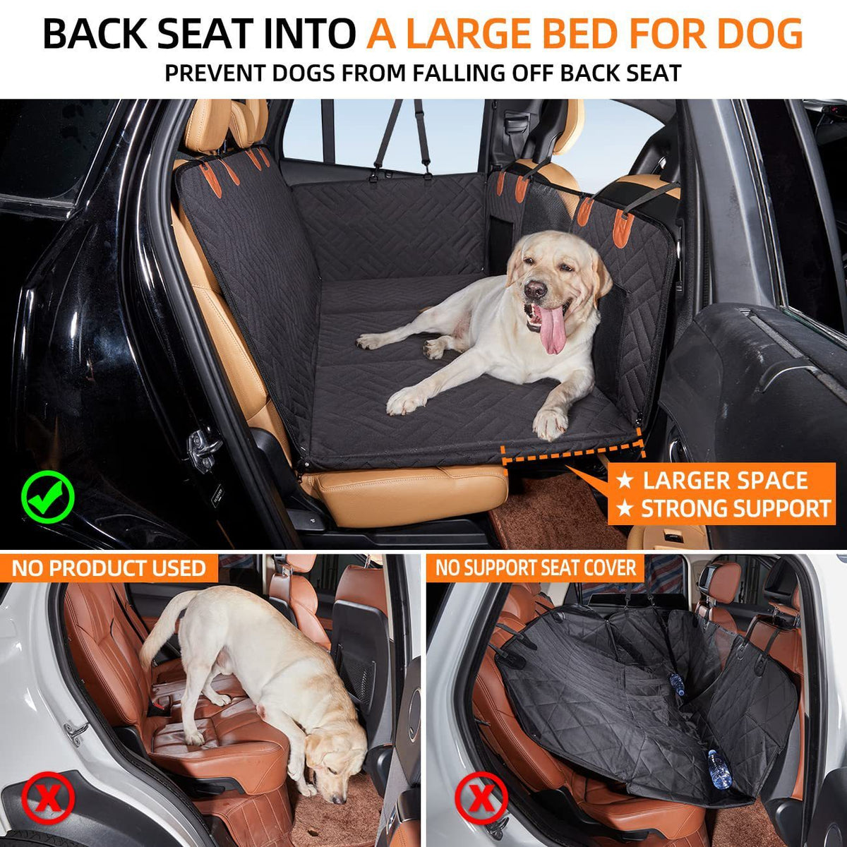 Dog back seat extender creating a larger supported rear-seat area