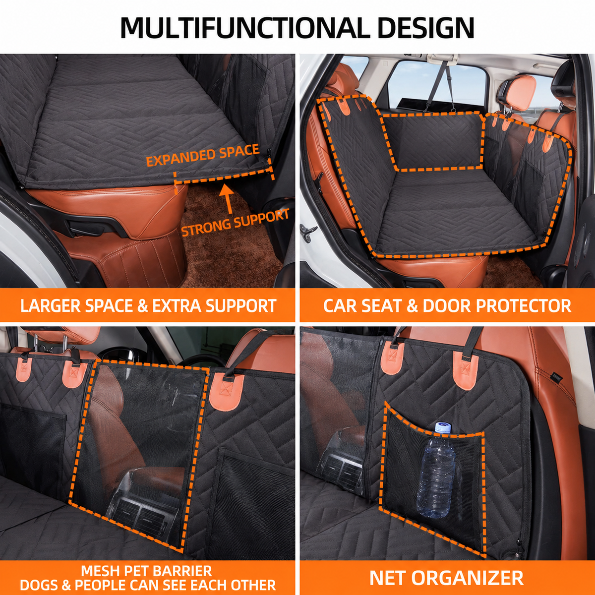 Pawdriva back seat extender features including expanded space, seat protection, mesh barrier, and organizer