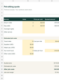 Fictional worked example of the Pawdriva pet-sitting quote workbook showing a $115 quote, $72 estimated job costs and $43 after job costs. Customer workbook starts blank.
