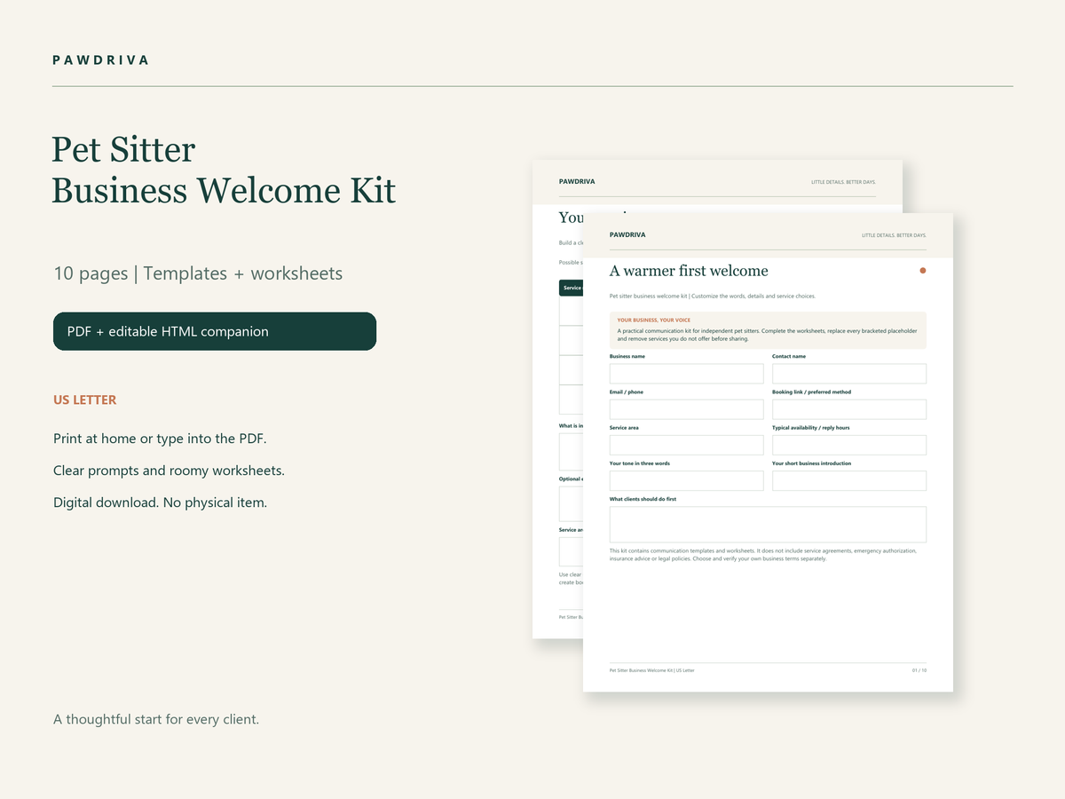 Actual Pawdriva pet sitter business welcome kit pages including client intake and visit report templates; customer files start blank.